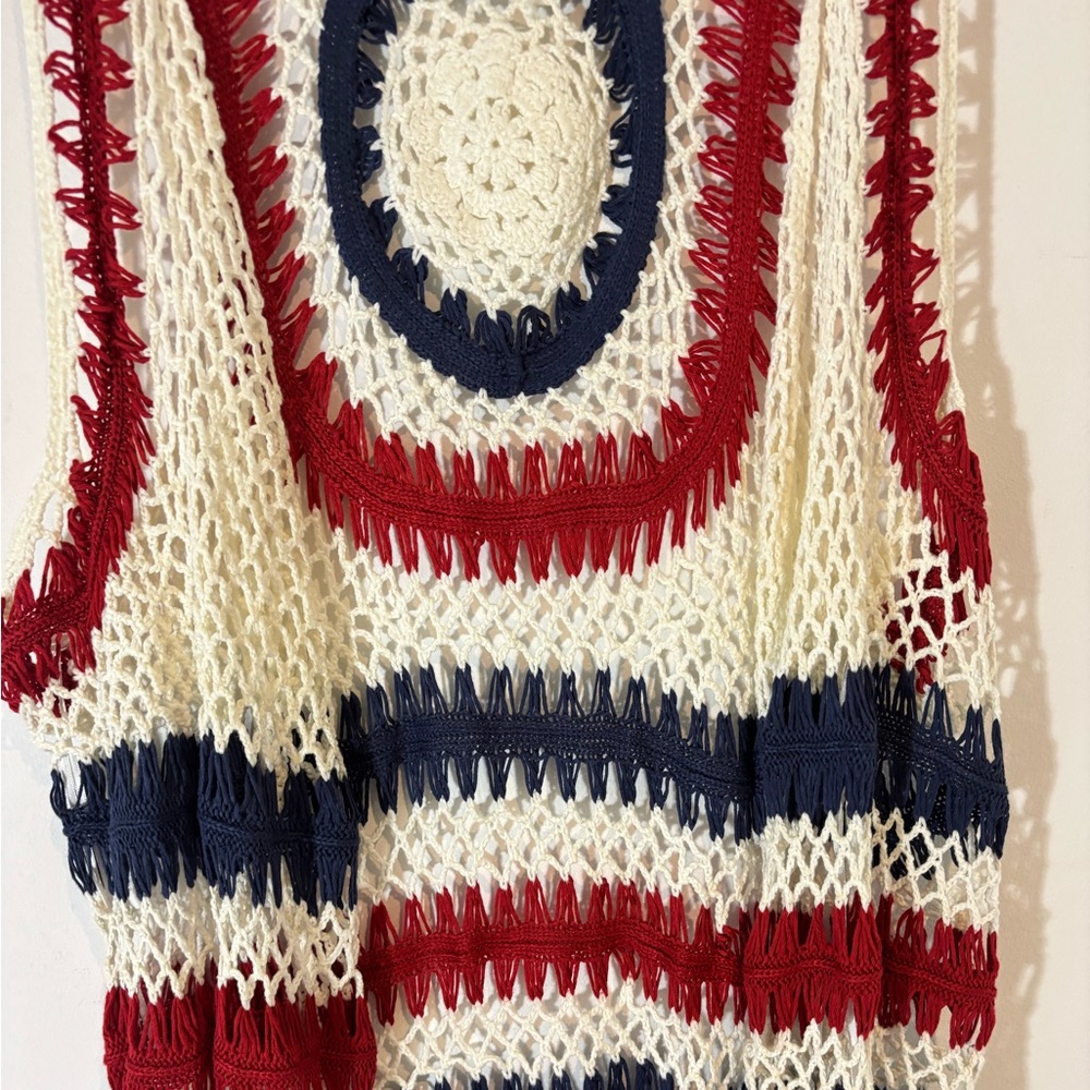 Frazzle Women’s XL Open Front Sleeveless Shirt Crocheted Fringe Patriotic Summer - Picture 2 of 6